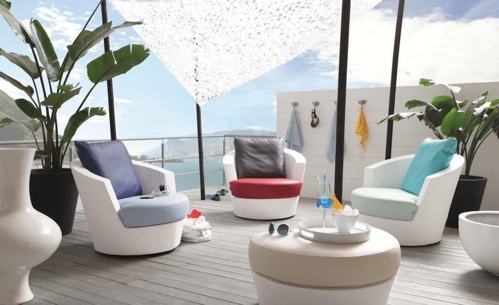 Materiały marki skai firmy Contonental z oferty polskiej firmy Lumatech na meblach do ogrodu i nad basen.