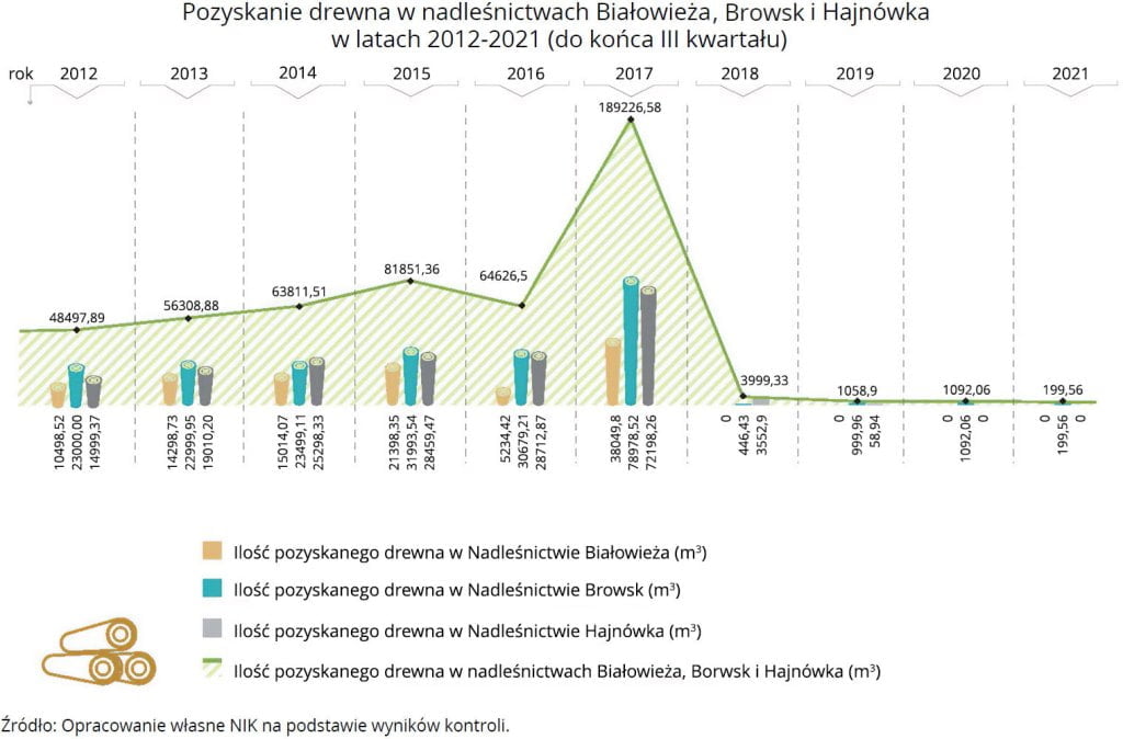 Pozyskanie drewna w nadleśnictwach Białowieża Browsk i Hajnówka.