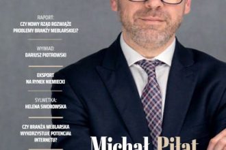 Okładka miesięcznika BIZNES.meble.pl - wydanie luty 2024. Na okładce: Michał Piłat, Dyrektor Zarządzający HOMAG Polska.