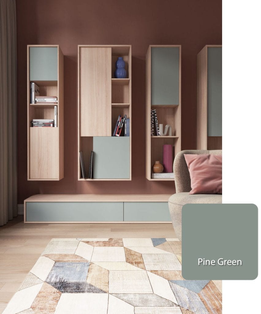 Schattdecor - dekor Riva ni Uni Pine Green na meblach RTV