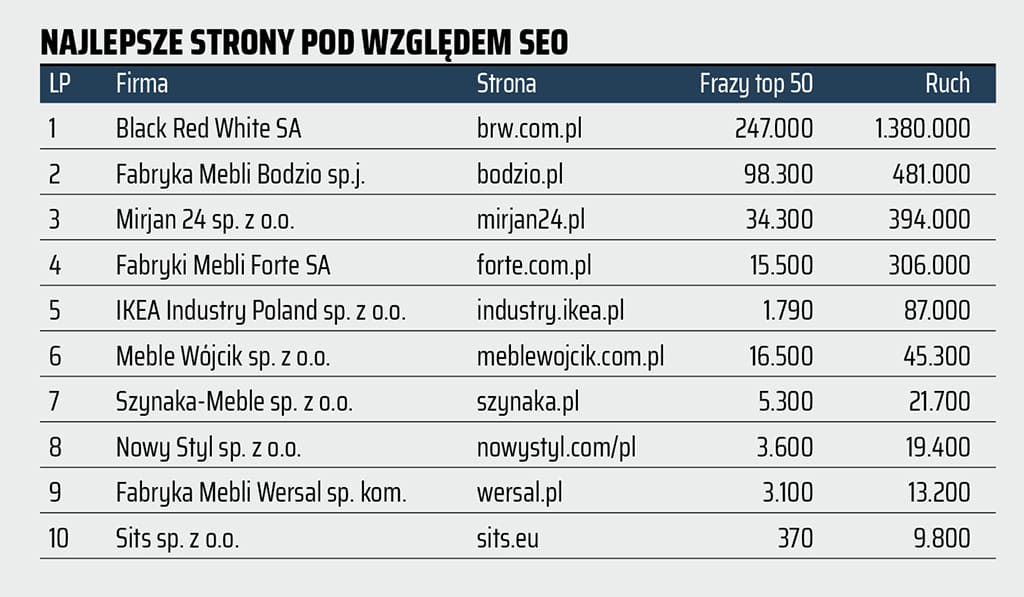Najlepsze pod względem SEO strony www, wybrane z 20 stron największych producentów mebli w Polsce.