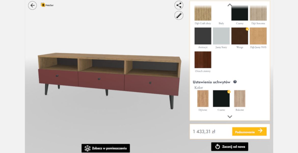 Konfigurator 3D mebli skrzyniowych dostępny w e-commerce producenta Mebset i wizualizacja produktu w aplikacji AR marki.