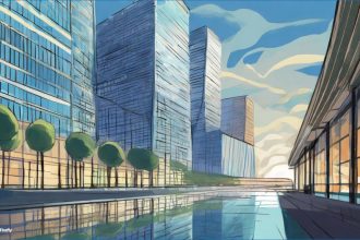 Grafika ulicy ze szklanymi wieżowcami - ilustracja do artykułu o dokumentach wymaganych do kredytu hipotecznego