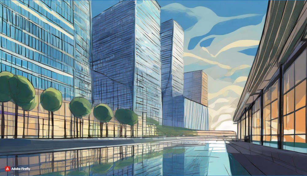 Grafika ulicy ze szklanymi wieżowcami - ilustracja do artykułu o dokumentach wymaganych do kredytu hipotecznego