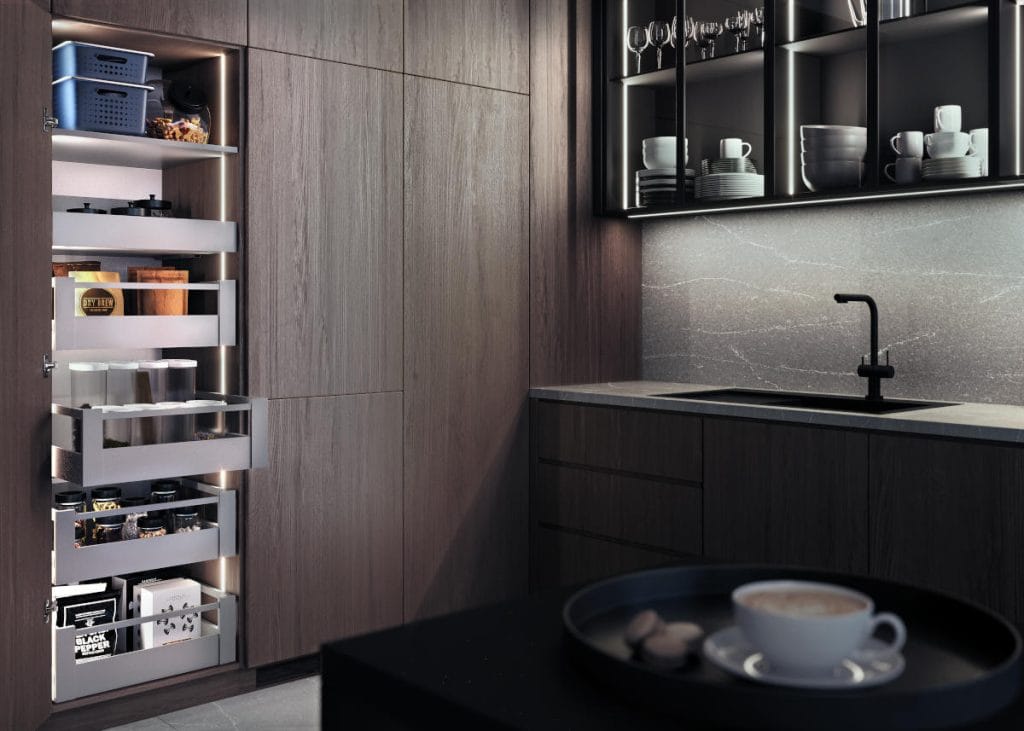 Hafele - oświetlenie Loox5 wykorzystane w szafce Cargo w ciemnej kuchni