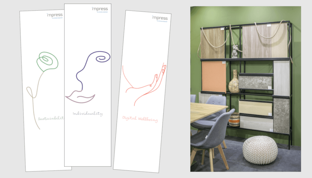 Ekspozycja targowa Impress Decor Polska na targach Meble Polska 2024 i wizualizacje graficzne.