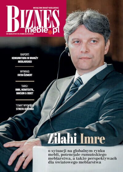 Okładka miesięcznika BIZNES.meble.pl - wydanie marzec 2024. Na okładce: Zilahi Imre, Przewodniczący Stowarzyszenia Wydwnictw Meblarskich (International Alliance of Furnishing Publications - IAFP).