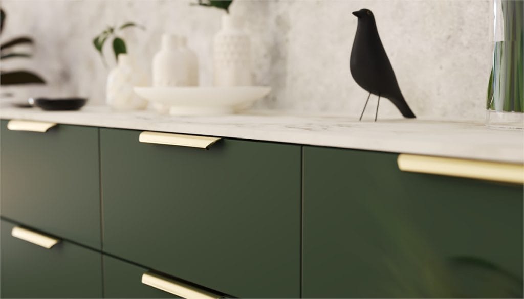 REJS - uchwyt meblowy Lentis na zielonym froncie szafki z białym blatem