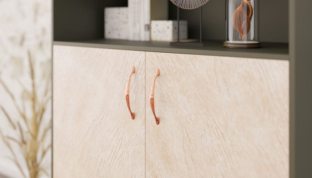 Rejs - złote uchwyty meblowe Magna na jasnej szace