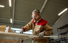 Widok z dołu na stolarza sprawdzającego wymiary podczas produkcji mebli w warsztacie. Fot. Drazen Zigic / Freepik.