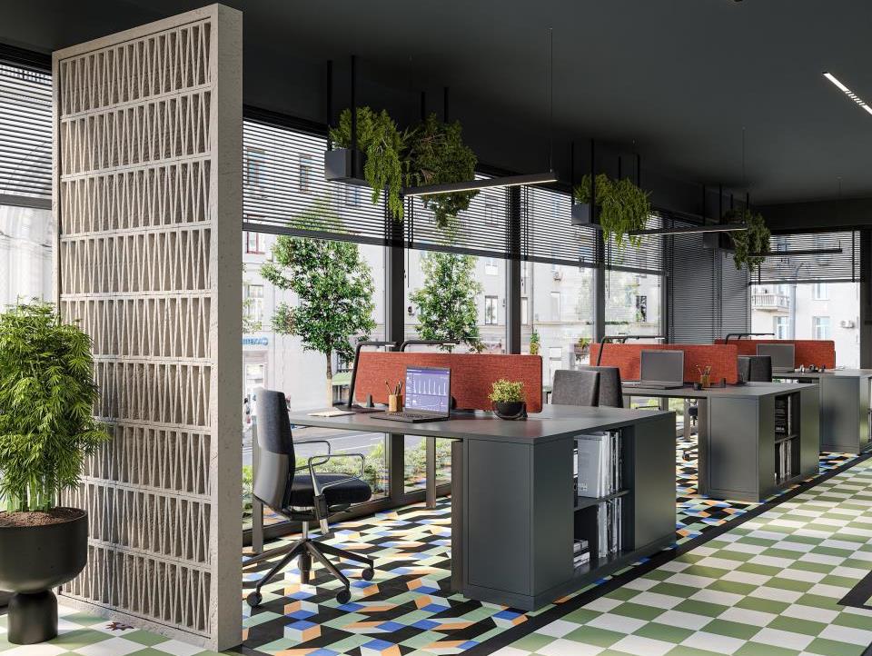 Przyjazne biuro pracowni VIVA DESIGN w kontrze do pracy zdalnej lub hybrydowej.