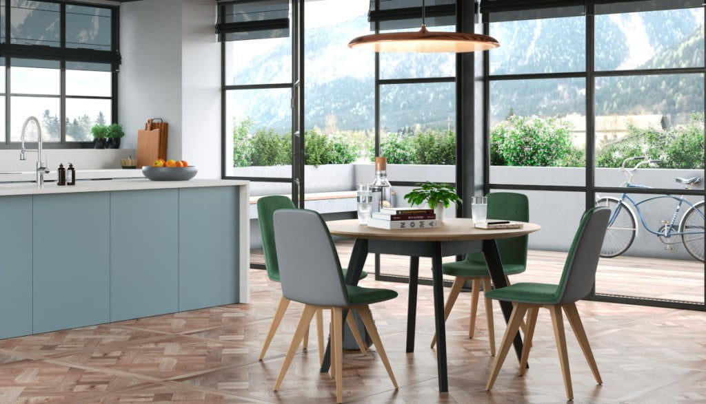 Lakiery wodne Bluefin z oferty Adler wykorzystane w nowoczesnej przestrzeni kuchennej.