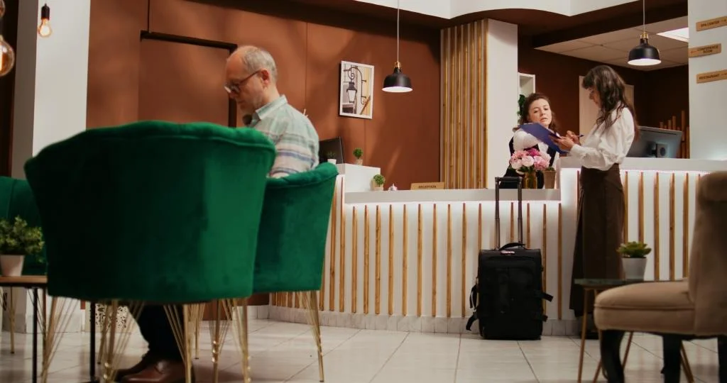 Hotele po pandemii wreszcie wychodzą na prostą. Na zdjęciu widok na hotelową recepcję.