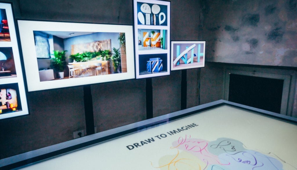 Moodboardy na ekspozycji Impress Decor podczas tygodnia designu w Mediolanie.