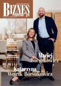 Okładka miesięcznika BIZNES.meble.pl - wydanie maj 2024. Na okładce: Katarzyna Wójcik-Borsukowicz i Maciej Borsukowicz, Meble Wójcik. Fot. Karol Bannach.