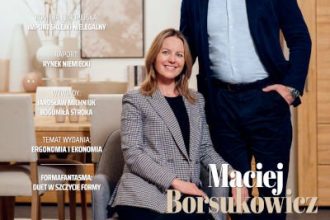 Okładka miesięcznika BIZNES.meble.pl - wydanie maj 2024. Na okładce: Katarzyna Wójcik-Borsukowicz i Maciej Borsukowicz, Meble Wójcik. Fot. Karol Bannach.