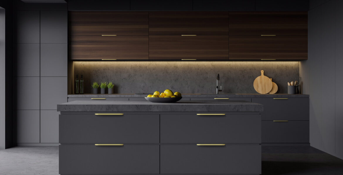 AMIX uchwyty krawędziowe na realnej czarnej kuchni