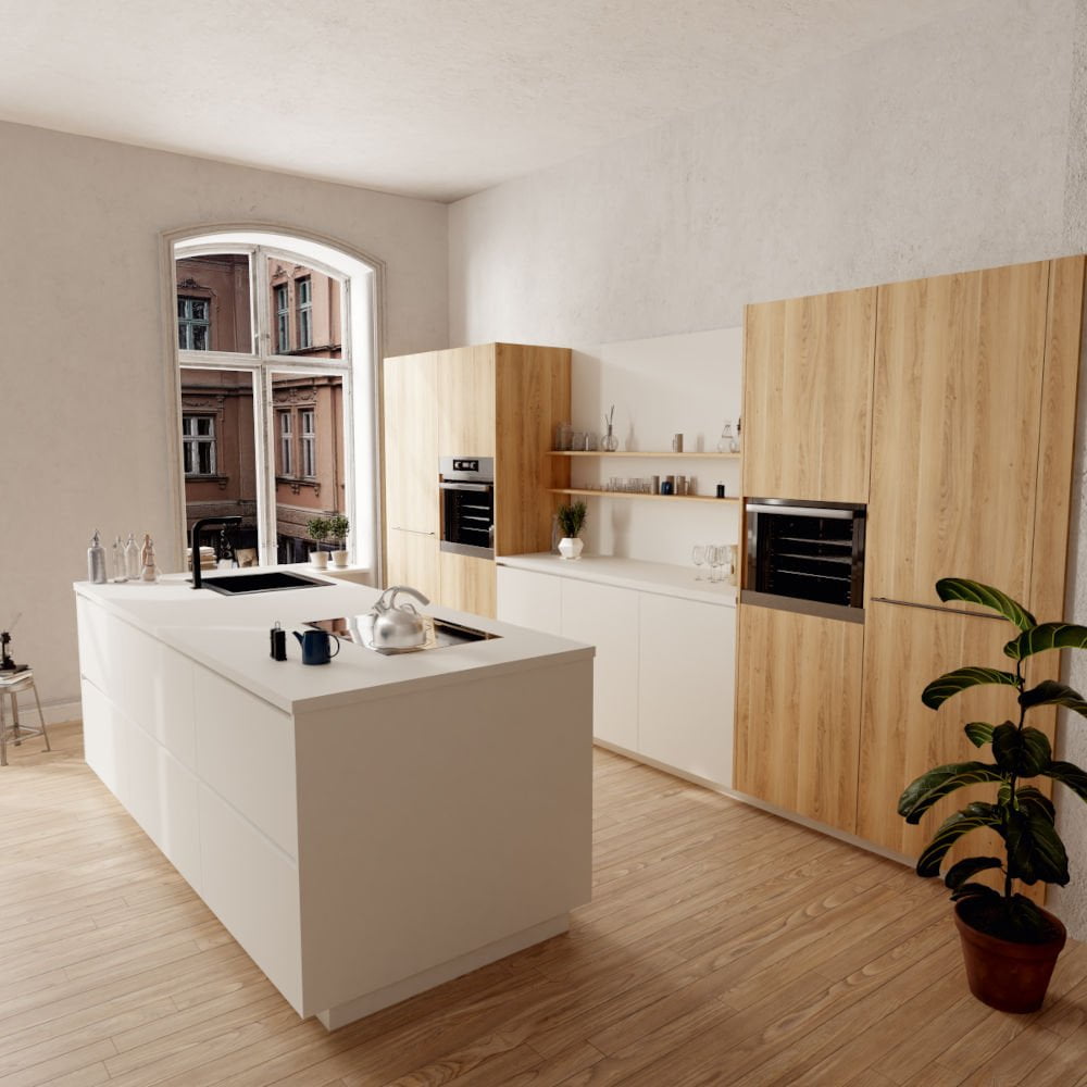 Blat roboczy z prostą krawędzią, wyspa kuchenna oraz szafka W1100 PM Biały alpejski, zabudowa H3311 TM28 Dąb Cuneo.