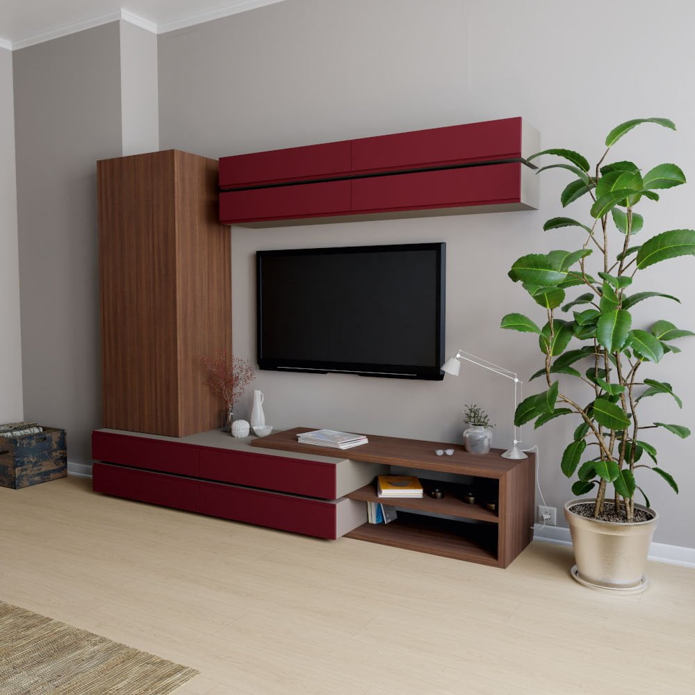 Szafa H3041 TM12 Eukaliptus naturalny, szafka RTV: fronty U399 PM Czerwień granatu, korpus U740 TM9 Taupe ciemny.