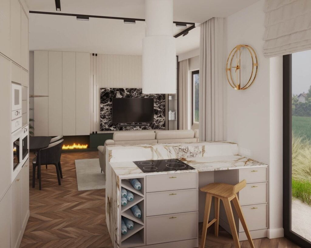 Widok z kuchni na salon, proj. Interiorsy.