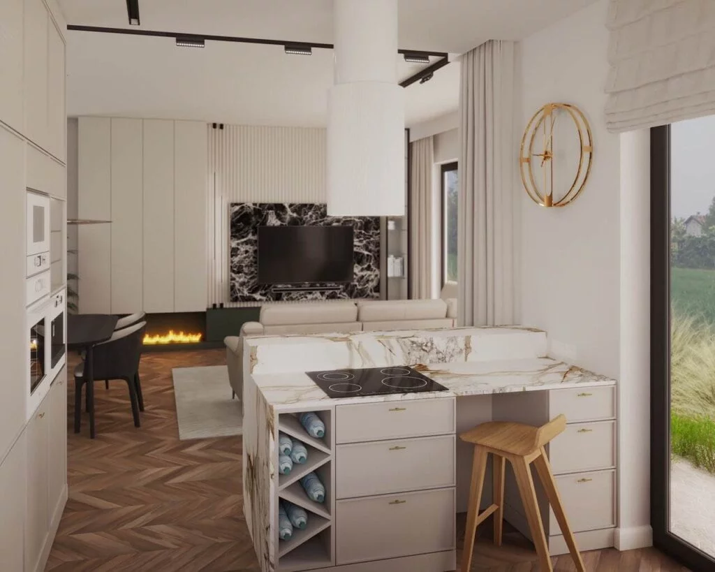 Widok z kuchni na salon, proj. Interiorsy.