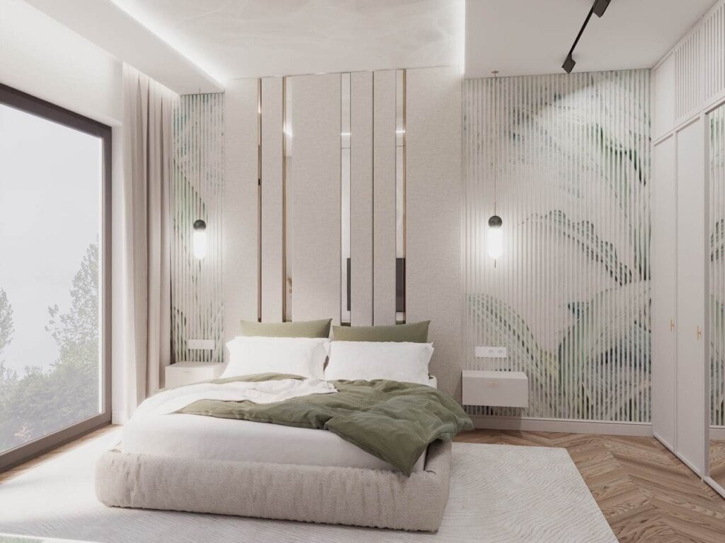 Modne tapety w sypialni. Proj. Interiorsy.