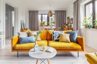 Projektantka Weronika Budzichowska zdecydowała, że nutę nowoczesności wprowadzi do salonu miodowa sofa z welurową tapicerką, a także techniczne lampy na suficie.