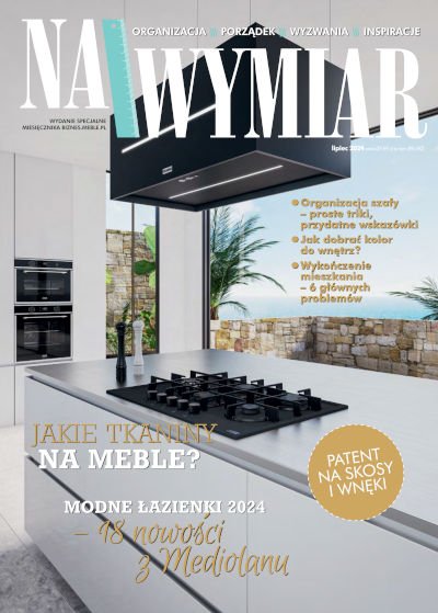 Okładka wydania specjalnego miesięcznika BIZNES.meble.pl: NA WYMIAR - 2024. Na okładce: Nowy okap wyspowy Maris firmy Franke. Fot. Franke.
