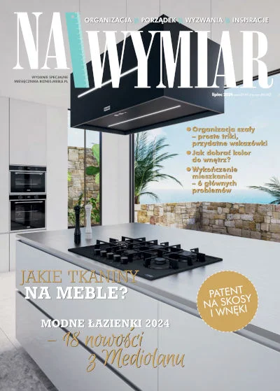 Okładka wydania specjalnego miesięcznika BIZNES.meble.pl: NA WYMIAR - 2024. Na okładce: Nowy okap wyspowy Maris firmy Franke. Fot. Franke.