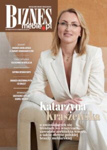 Okładka miesięcznika BIZNES.meble.pl - wydanie sierpień 2024. Na okładce: Katarzyna Kraszewska, założycielka i właścicielka pracowni projektowej Katarzyna Kraszewska Architektura Wnętrz. Fot. Tom Kurek.