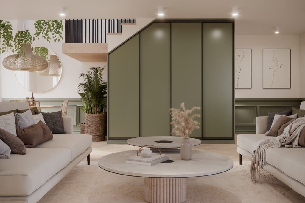 Szafa skośna z drzwiami przesuwnymi w systemie Szafir (Komandor) zlokalizowana w salonie. Ciekawy sposób zagospodarowania i integracji miejsca pod schodami oraz salonu.