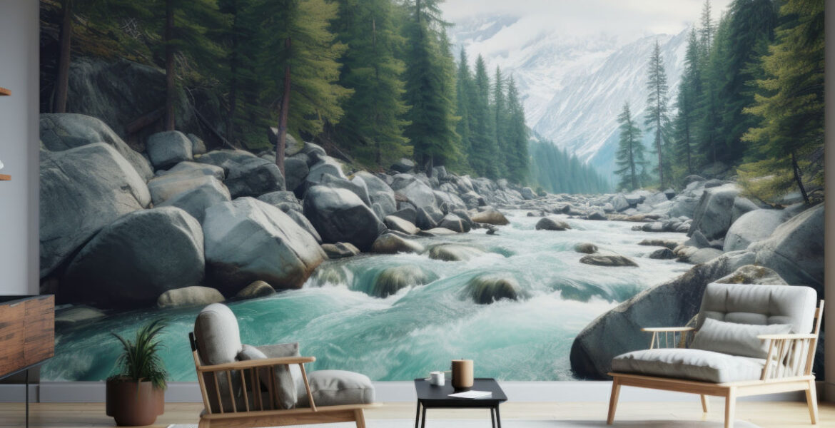 Nowoczesne wnętrze z fototapetą przedstawiającą górski potok z drzewami iglastymi na brzegach i ośnieżonymi szczytami górskimi w tle.