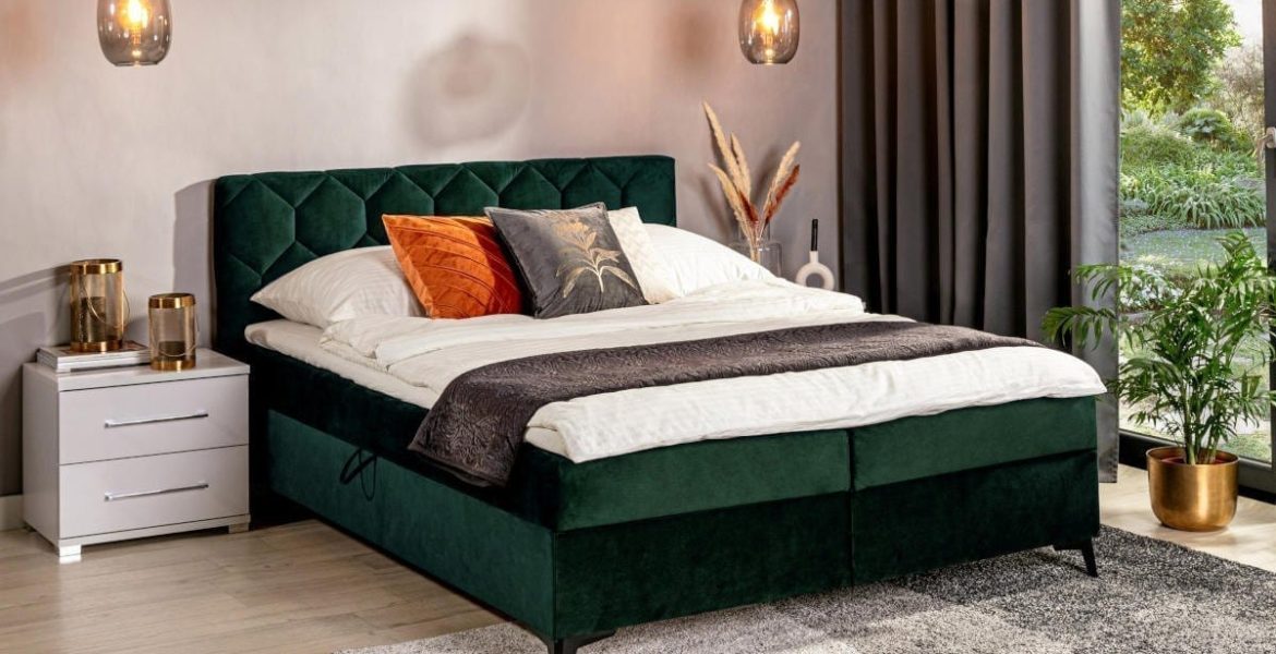 Łóżko kontynentalne w kolorze butelkowa zieleń