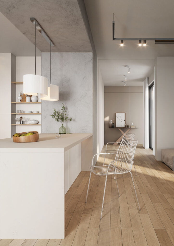 Biała kuchnia wyprodukowana z użyciem płyt RAUVISIO crystal z oferty REHAU