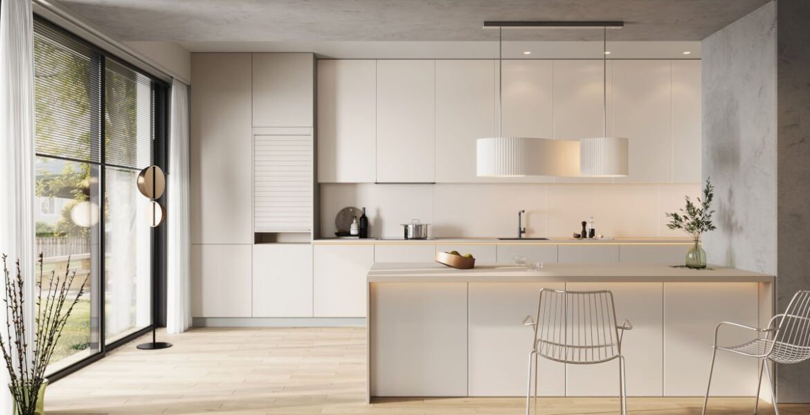 Biała kuchnia wyprodukowana z użyciem płyt RAUVISIO crystal z oferty REHAU