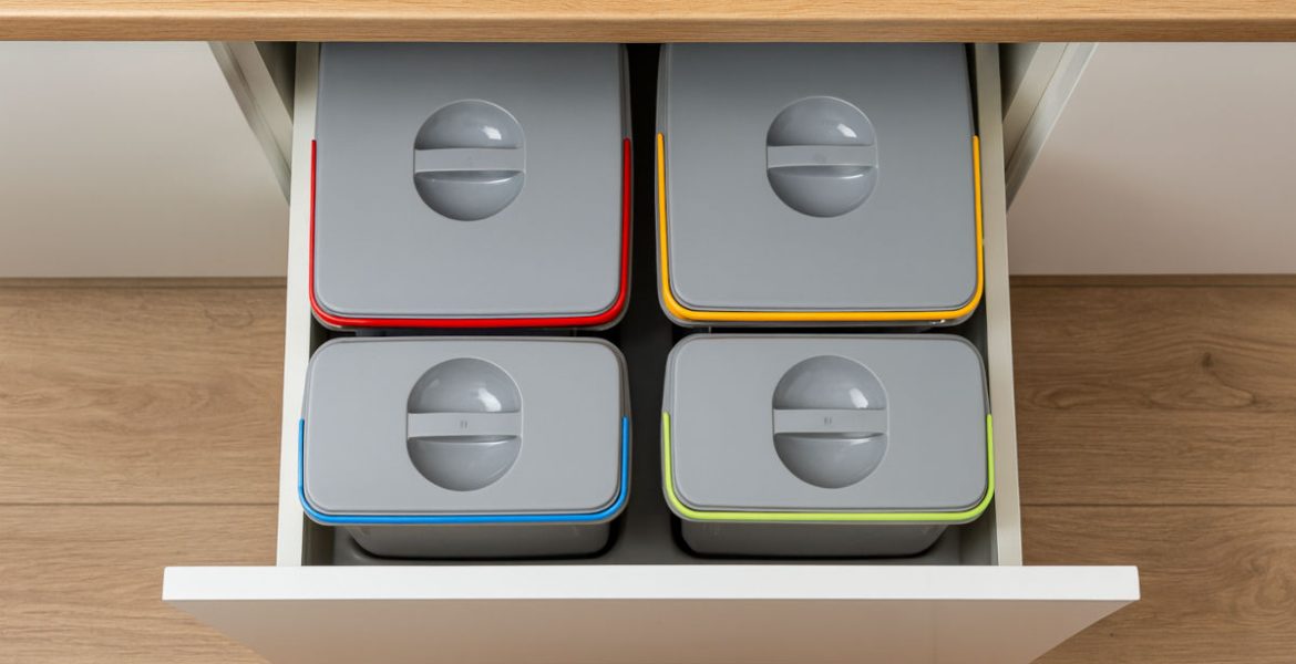 AMIX - segregator odpadów RUBIO - 4 pojemniki ciemne szare w szufladzie