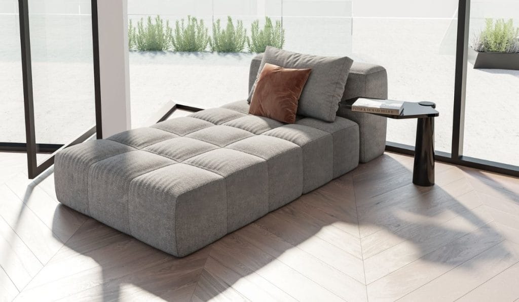 Nowoczesny szezlong modułowy Brattex z poduszkami – meble tapicerowane modułowe.