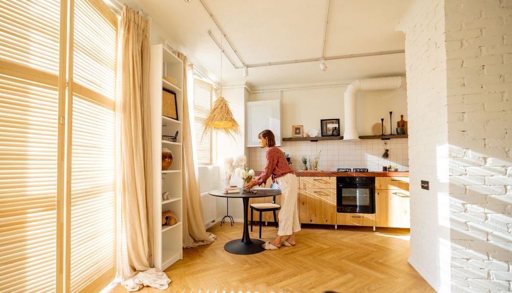 Kobieta w jasnej otwartej kuchni z dębową podłogą. Promienie słońca opromieniają ją i sprawiają, że całe wnętrze jest ciepłe i przytulne.