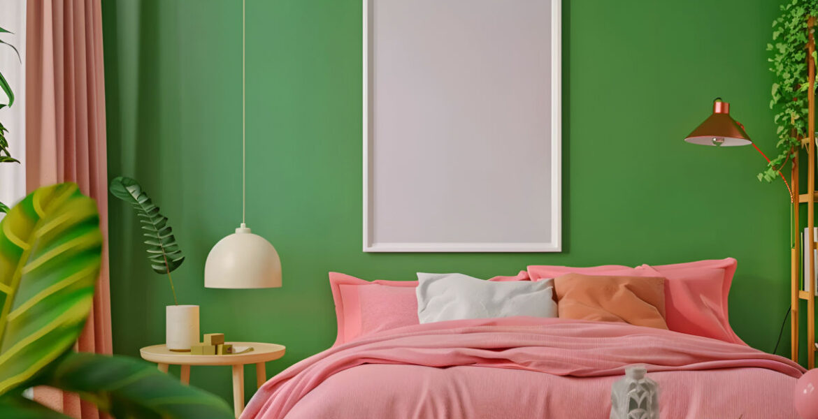 Sypialnia w zielonej kolorystyce, różowe narzuty na łóżku, lampa z abażurem.