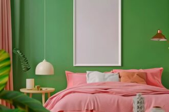 Sypialnia w zielonej kolorystyce, różowe narzuty na łóżku, lampa z abażurem.