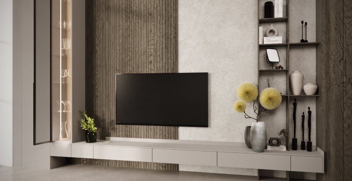 Ukryty zawias Secret w szafce RTV – minimalistyczny design i eleganckie wykończenie mebla