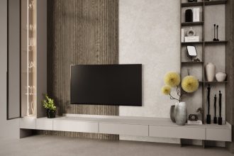 Ukryty zawias Secret w szafce RTV – minimalistyczny design i eleganckie wykończenie mebla