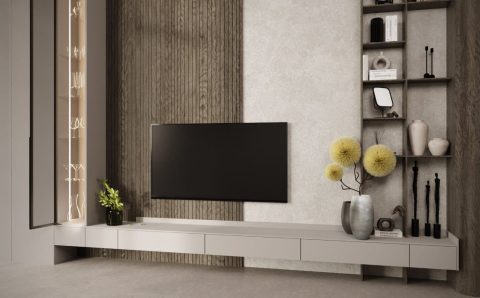 Ukryty zawias Secret w szafce RTV – minimalistyczny design i eleganckie wykończenie mebla