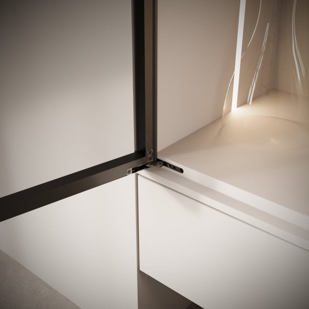 Detal ukrytego zawiasu Secret w nowoczesnej szafce – niewidoczny mechanizm i precyzyjne wykonanie