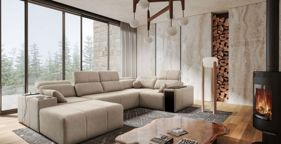 Narożnik Mindy IV Verita w nowoczesnym salonie – elegancki mebel tapicerowany z funkcją relaksu, projekt PPHU Brattex Kaniewski.