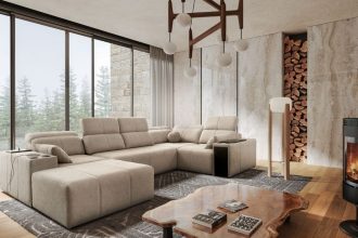 Narożnik Mindy IV Verita w nowoczesnym salonie – elegancki mebel tapicerowany z funkcją relaksu, projekt PPHU Brattex Kaniewski.