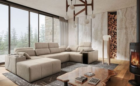 Narożnik Mindy IV Verita w nowoczesnym salonie – elegancki mebel tapicerowany z funkcją relaksu, projekt PPHU Brattex Kaniewski.