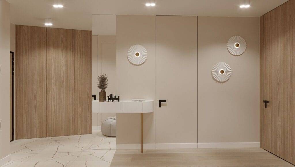 Korytarz, projekt architekt wnętrz Weroniki Budzichowskiej z pracowni To Be Design.