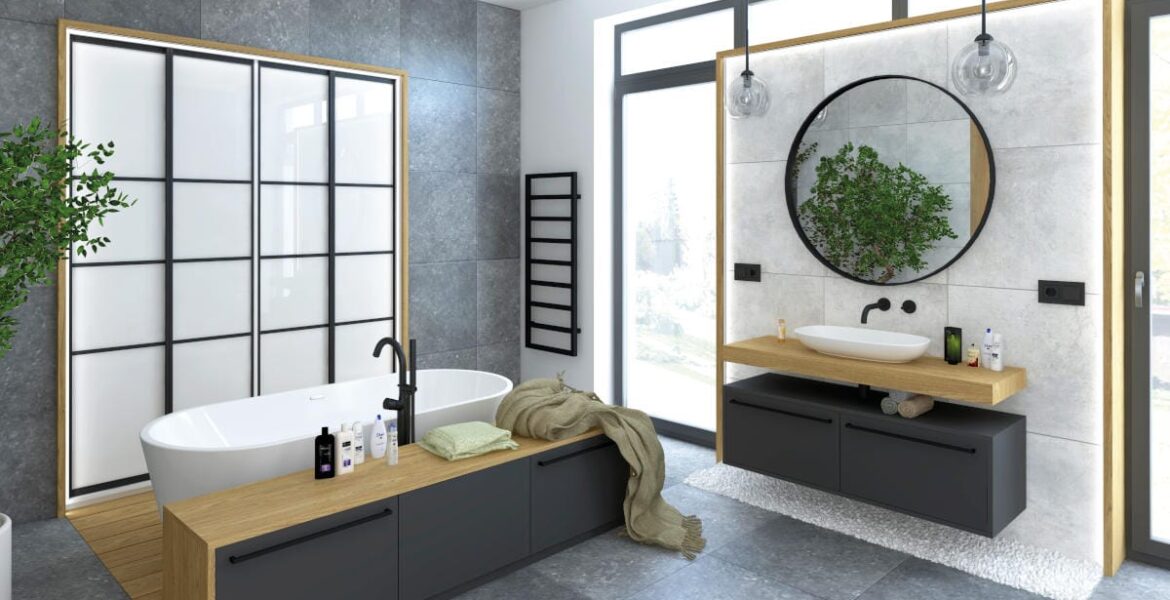 Sevroll - system Oxford w łazience w kolorach szarości