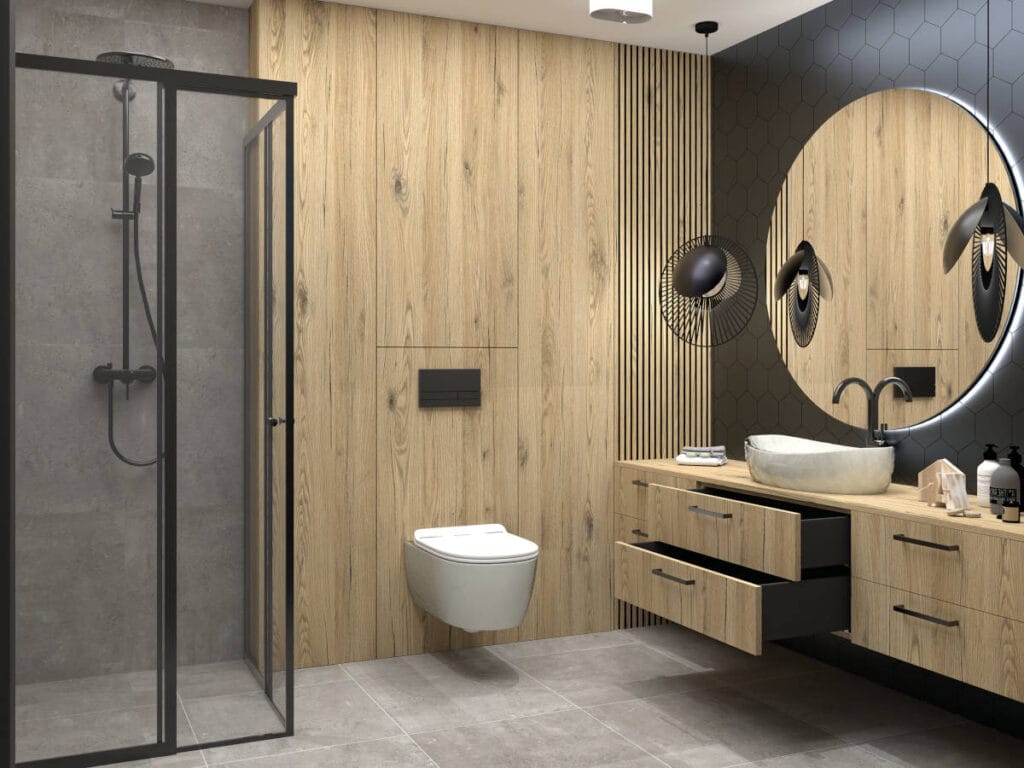 Sevroll - system V BOB 3D w łazience w kolorach brązu i czerni